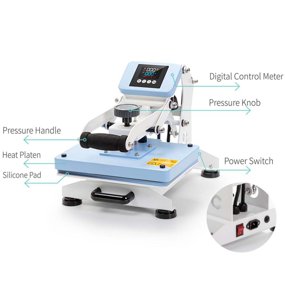 PYD Life 220 V Heat Press Machine for T-Shirts 9 x 12 Inch Light Blue for Sublimation T-Shirts Tote Bag Ornaments Photo Frames Name Plate Keychains Print