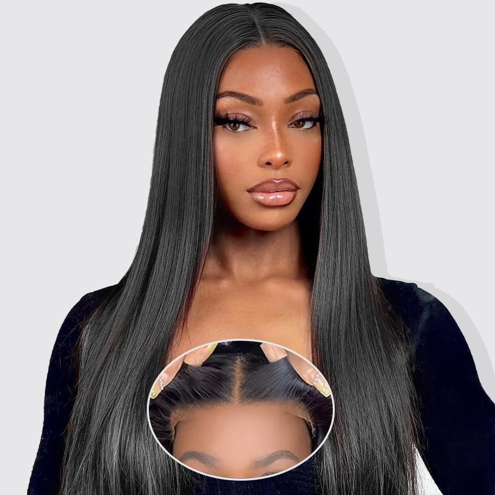 Wear and Go Glueless Wigs Human Hair Pre Plucked Pre Cut 5x5 HD Lace Closure Wigs Human Hair Straight with Baby Hair Straight Human Hair Wig for Beginners Natural Black 200% Density 30 Inch