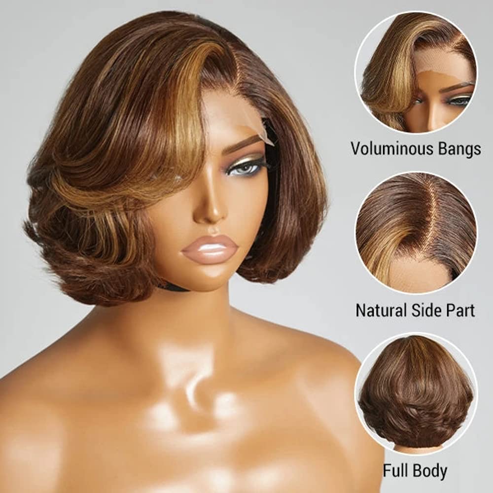 Body Wave Short Bob Human Hair Wig 13x6 HD Transparent Lace Front Human Hair Wig Brazilian Hair Natural Color 150% Density Short Wigs Ocean Wave Pre Plucked With Baby Hair For Women 8Inch