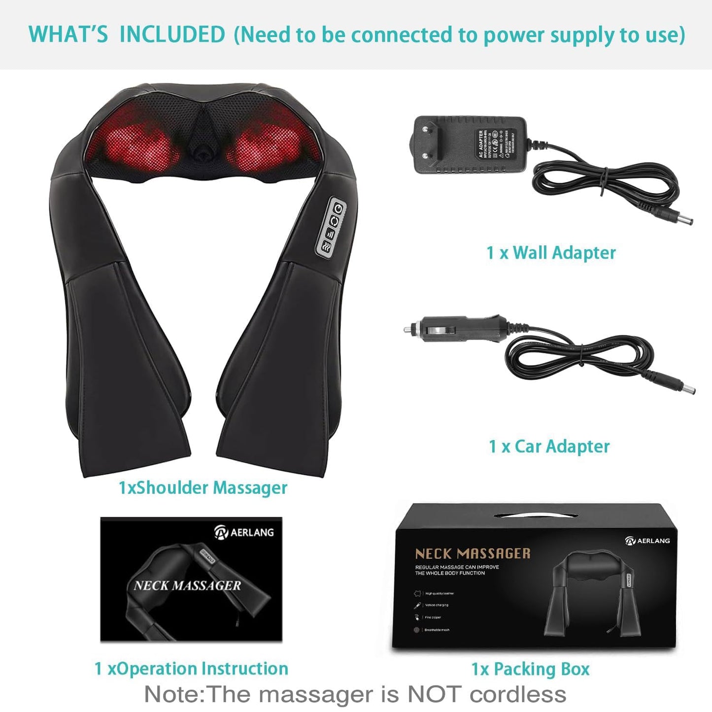 Shiatsu Neck and Shoulder Massager, AERLANG Back Massager with Heat, Deeper Tissue 4D Kneading Massage for Shoulder, Neck and Back, Use at Home, Office, Car - Birthday Gift for Women/Men/Mom/Dad