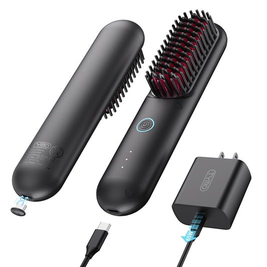 TYMO Porta Pro Cordless Hair Straightener Brush - Portable Straightening Brush for Travel, Mini Ionic Hot Comb Straightener for Women, Lightweight on-The-go, Cordless & Fast Charger Dual Power, Black