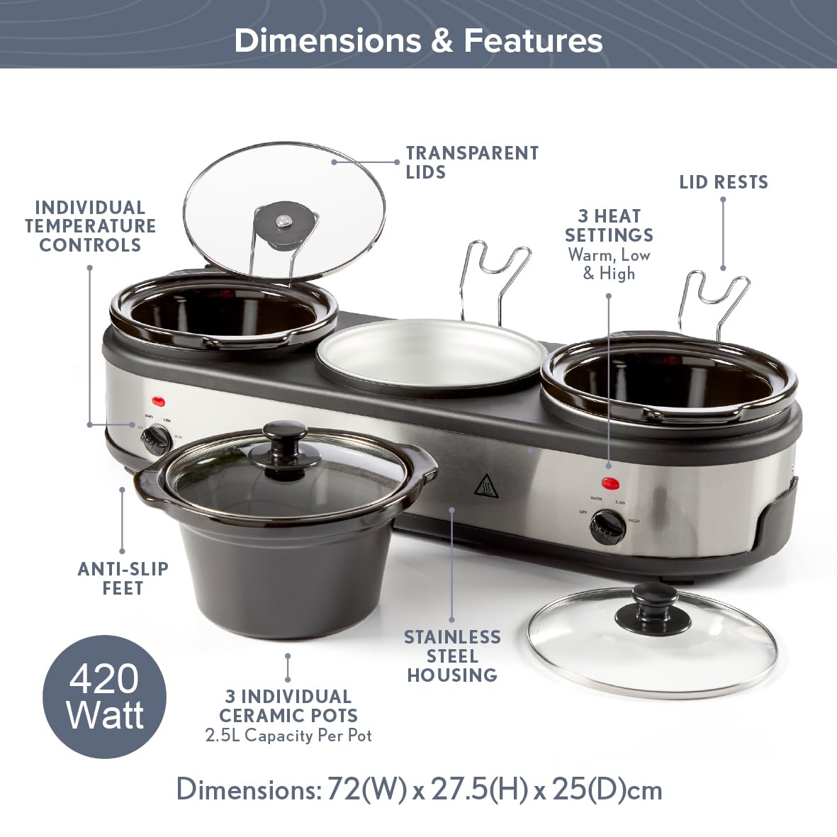 Quest Triple Slow Cooker, Buffet Server & Food Warmer, 7.5L Total Capacity - 3x 2.5 Litre Ceramic Pots, Easy to Clean, Includes Lids & Lid Stands, 3 Heat Settings