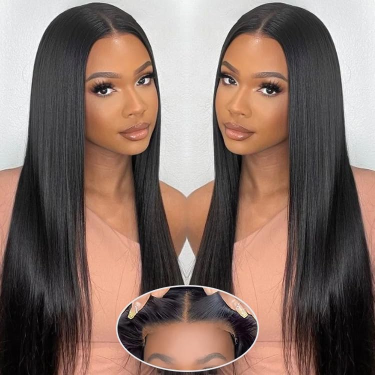 Wear and Go Glueless Wigs Human Hair Pre Plucked Pre Cut 5x5 HD Lace Closure Wigs Human Hair Straight with Baby Hair Straight Human Hair Wig for Beginners Natural Black 200% Density 30 Inch