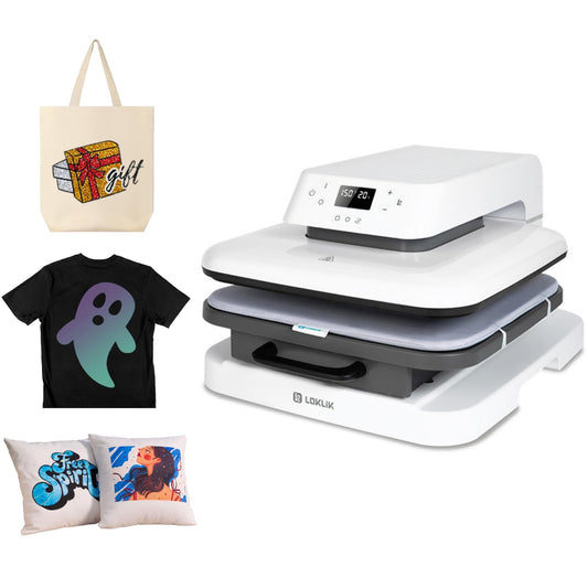 LOKLIK Auto Heat Press Machine - Printing Machine for Sublimation Printing with Large 38cm Plate - HTV Heat Transfer Vinyl Sublimation Press, Perfect for T Shirts/Fabric/Clothes - White