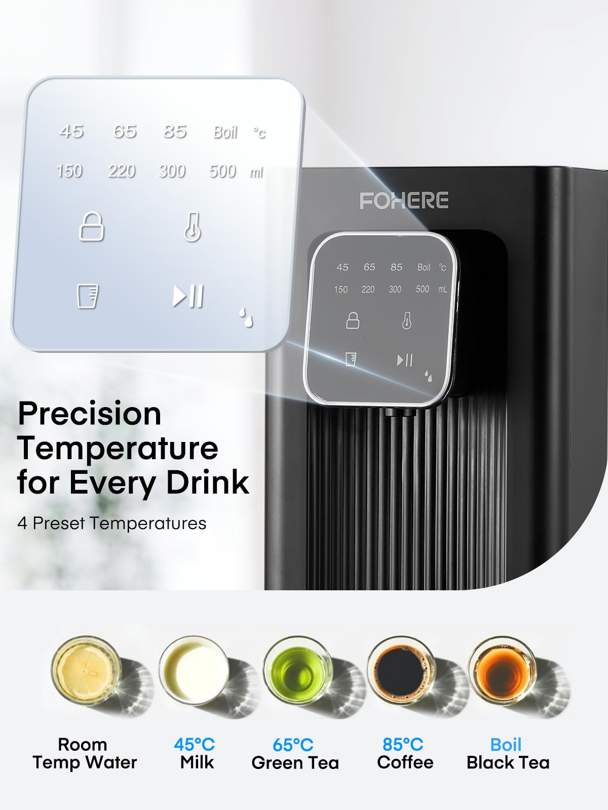 Instant Hot Water Dispenser, 4 Temp Settings (45°C-100°C),4 Volume Options(150ml-500ml), Digital Touch Screen One Cup Kettl, 2.5L Removable Tank, Safety Lock, for Hot Drinks and Tea