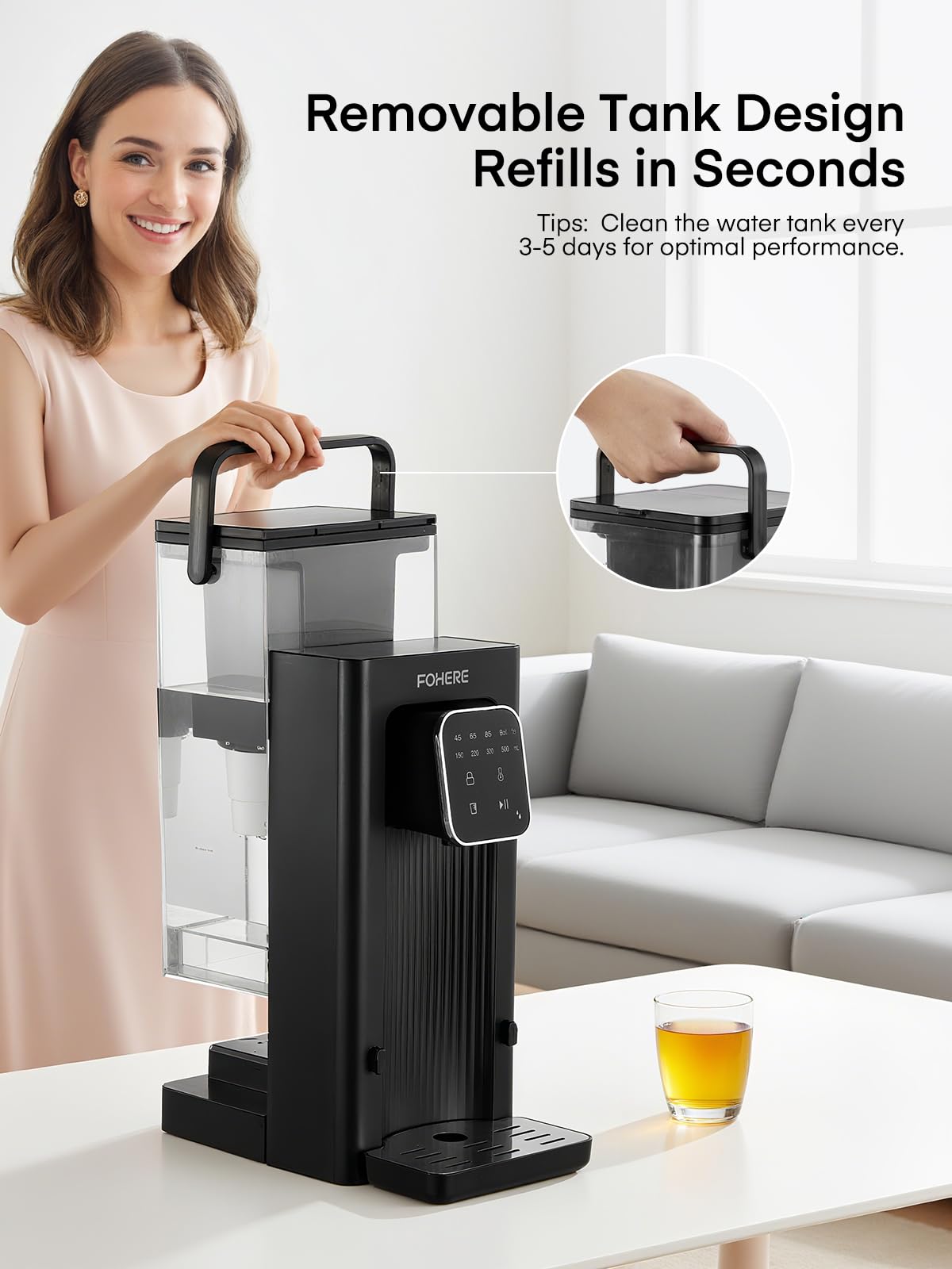 Instant Hot Water Dispenser, 4 Temp Settings (45°C-100°C),4 Volume Options(150ml-500ml), Digital Touch Screen One Cup Kettl, 2.5L Removable Tank, Safety Lock, for Hot Drinks and Tea