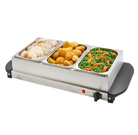 Vintage Gourmet® 3 Tray Food Warmer, All in One Buffet Server with Warming Plate Function,Turkey & Vegetables, Keeps Food Warm 200W, Temperature Control, Cool-Touch Handles Easy Portability 3 x 1.5L