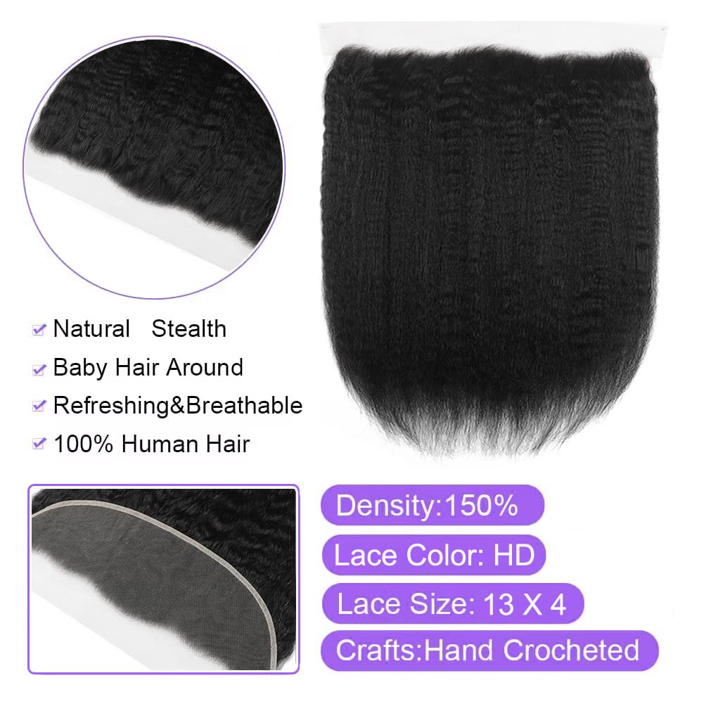 kinky Straight Frontal Closure 13x4 Ear To Ear HD Lace Frontal Closure 16 Inch 12A Brazilian kinky Straight Frontal Human Hair Transparent Frontal Closure 150% Density Natural Hairline Pre Plucked