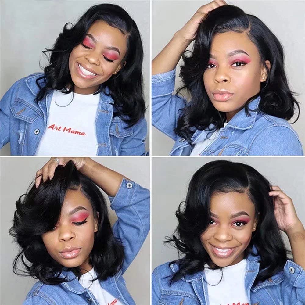 Body Wave Short Bob Human Hair Wig 13x6 HD Transparent Lace Front Human Hair Wig Brazilian Hair Natural Color 150% Density Short Wigs Ocean Wave Pre Plucked With Baby Hair For Women 8Inch