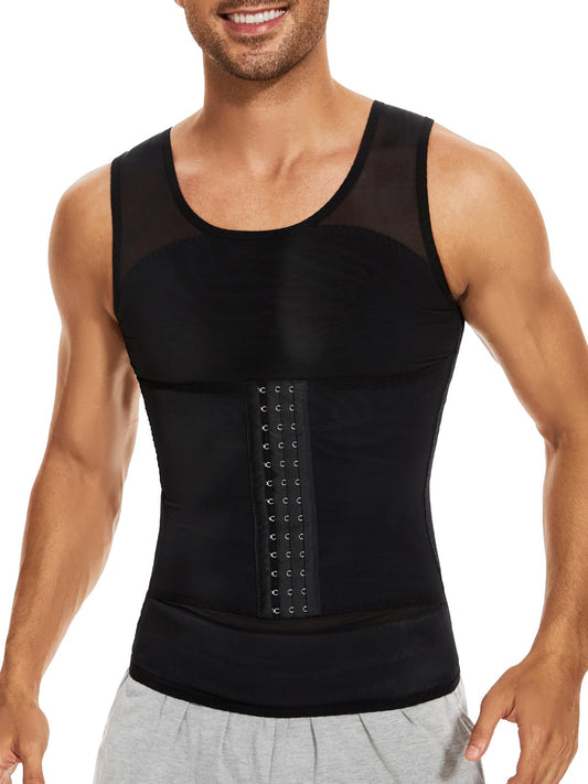 SLIMBELLE Mens Compression Shirt Slimming Body Shaper Undershirt Vest Chest Tummy Control Workout Waist Trainer Girdle Belt Posture Corrector Tank Top Black L