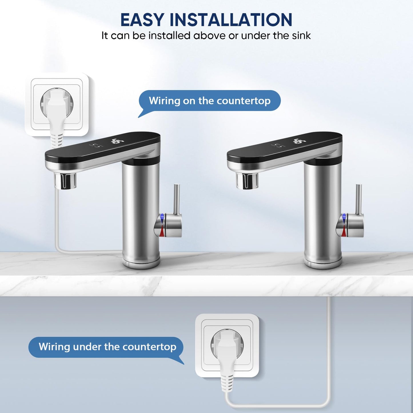 220V 3000W Touch Screen Instant Hot Water Tap, 3 Second Fast Heating Water Heater Tap with Digital Display, Stainless Steel Electric Hot/Cold Mixer Electric Faucet for Sink, 120 Degree Swivel Spout