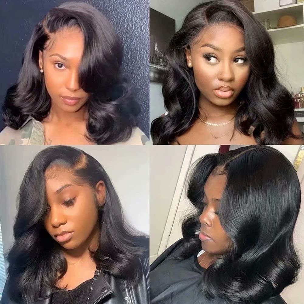Body Wave Short Bob Human Hair Wig 13x6 HD Transparent Lace Front Human Hair Wig Brazilian Hair Natural Color 150% Density Short Wigs Ocean Wave Pre Plucked With Baby Hair For Women 8Inch