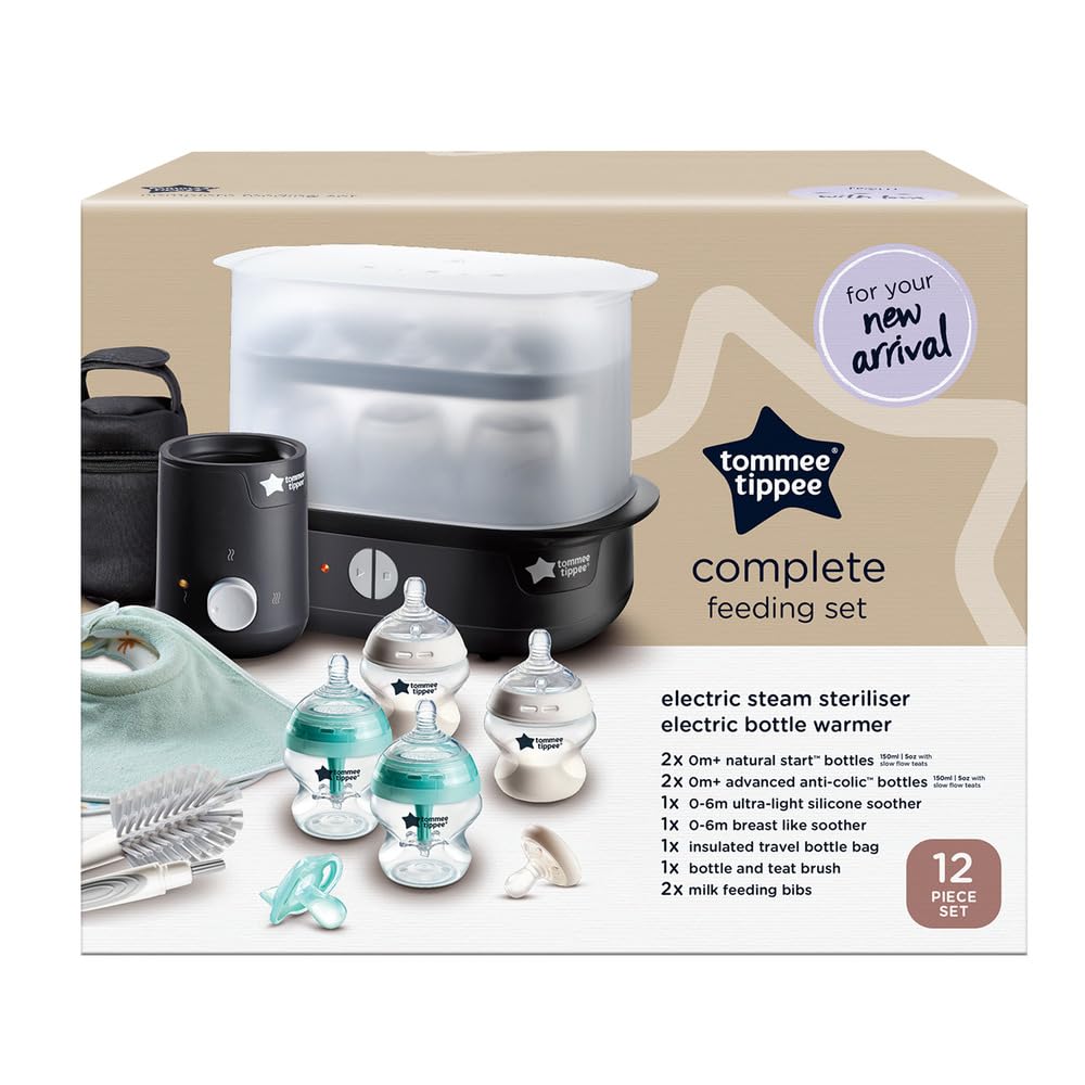Tommee Tippee Complete Feeding Set, Electric Steam Steriliser with Insulated Bottle Bag, Newborn Self-Sterilising Baby Bottles and Easiwarm Bottle Warmer, Black