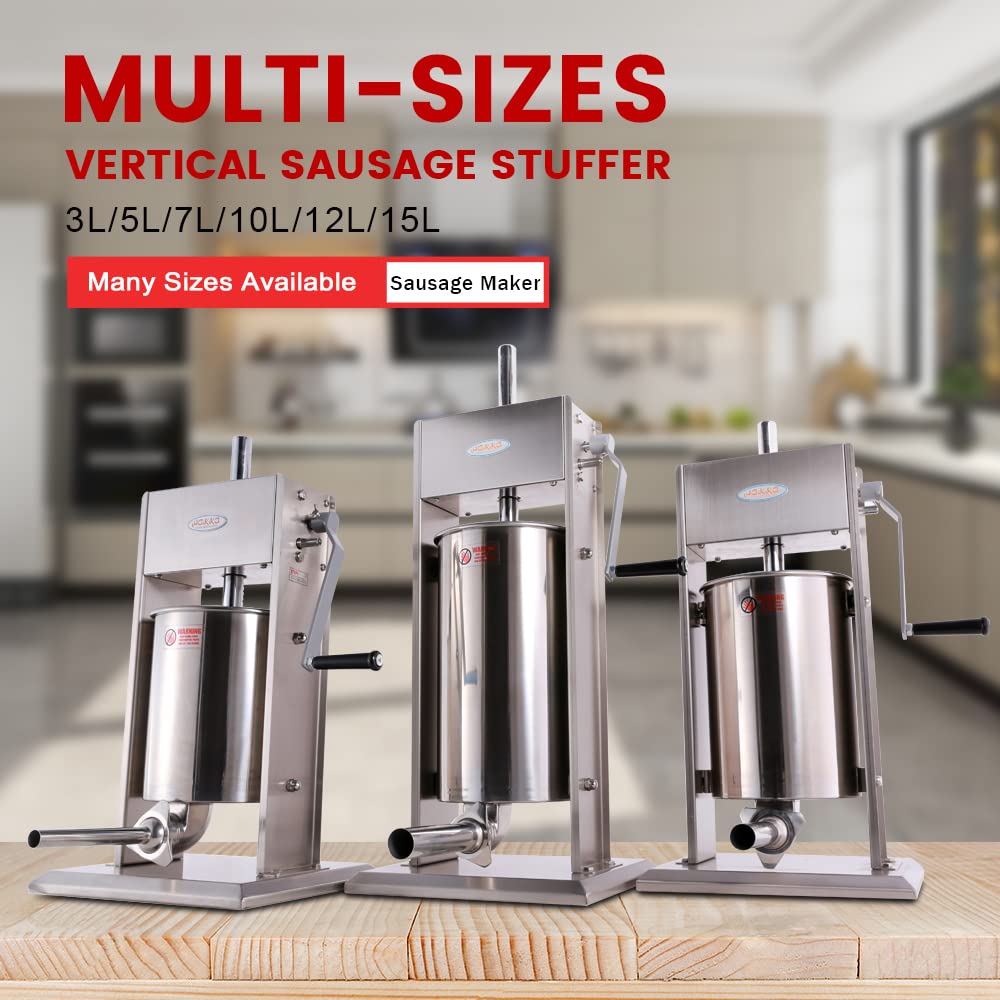 Hakka 3L/7LB Sausage Stuffer, Manual Sausage Maker Machine Filler Meat Stuffer 2 Speed Stainless Steel All Coverage Vertical Sausage Roll Making Machine with 4 S/S Filling Funnels
