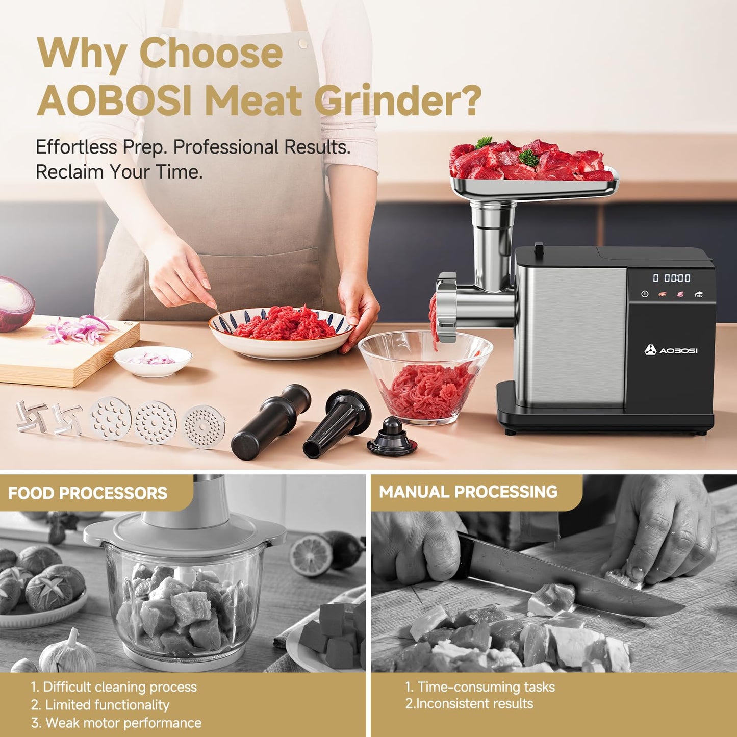 AAOBOSI Electric Meat Grinder [3000W MAX], Meat Mincer with LCD Display & Reverse Function, Sausage Maker with 3 Different Cutting Plates & Kibbe Attachment for Home Use