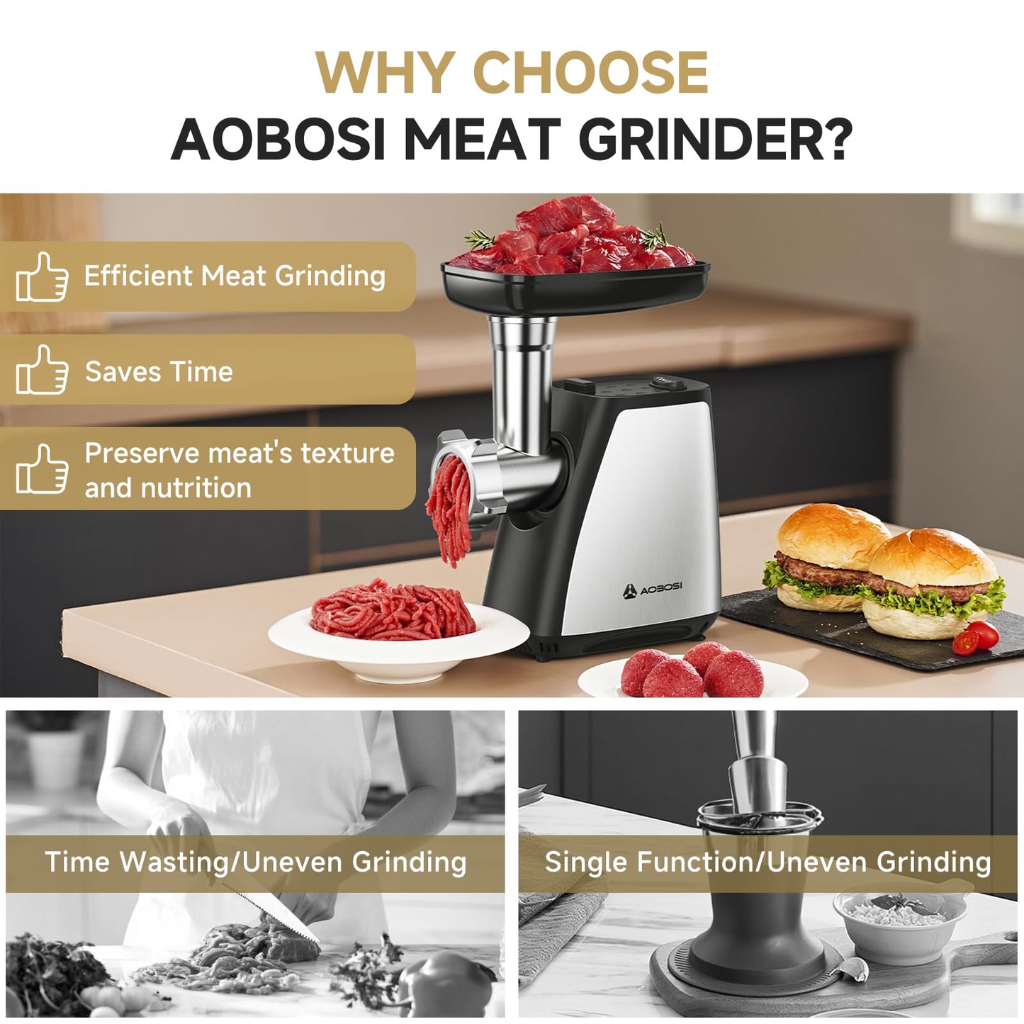 AAOBOSI Electric Meat Grinder, 4-in-1 Meat Mincer Machine [2800W Max] with 3 Slice, Shred Blades, 2 Blades, 3 Plates, Sausage Stuffer, Kubbe Kit, for Home Kitchen Use, Sliver