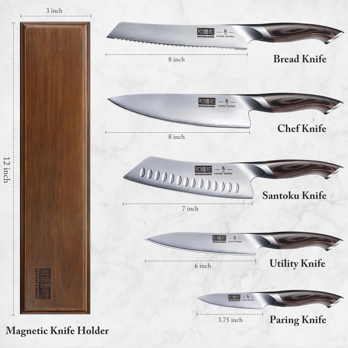 HOSHANHO Knife Set with Magnetic Knife Holder, 6 Pieces Japanese German High Carbon Steel Kitchen Knife Set, Ultra Sharp Professional Chef Knives Sets