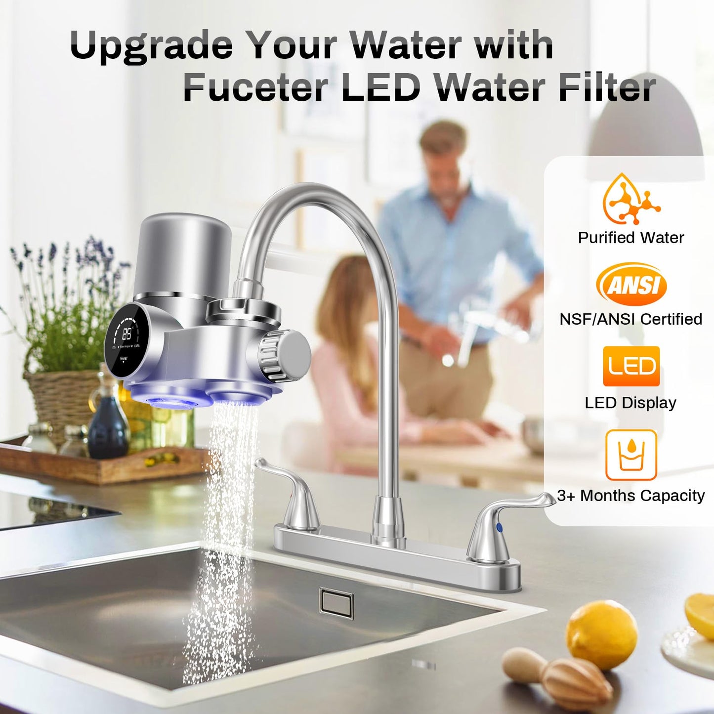 Faucet Mount Water Filtration System, LED Digital Display Faucet Tap Water Filter, NSF Certified to Reduce Chlorine Heavy Metals and Bad Taste w/13 Adapters