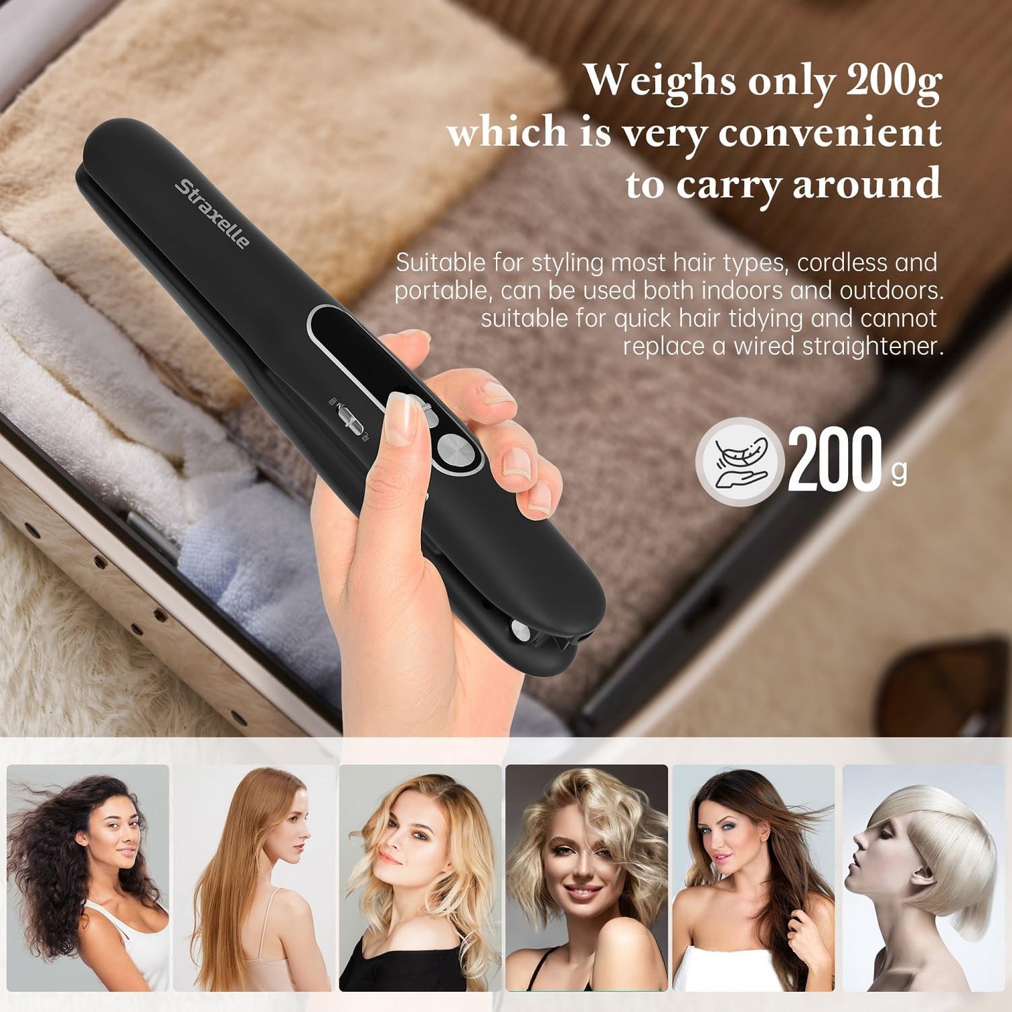Straxelle Mini Cordless Hair Straighteners, 2 in 1 Portable Flat Iron and Curler Adjustable Temp 175℃-215℃ Mini Straightener with LED Display,5000mAh Travel Straightener for Women Men (Black)
