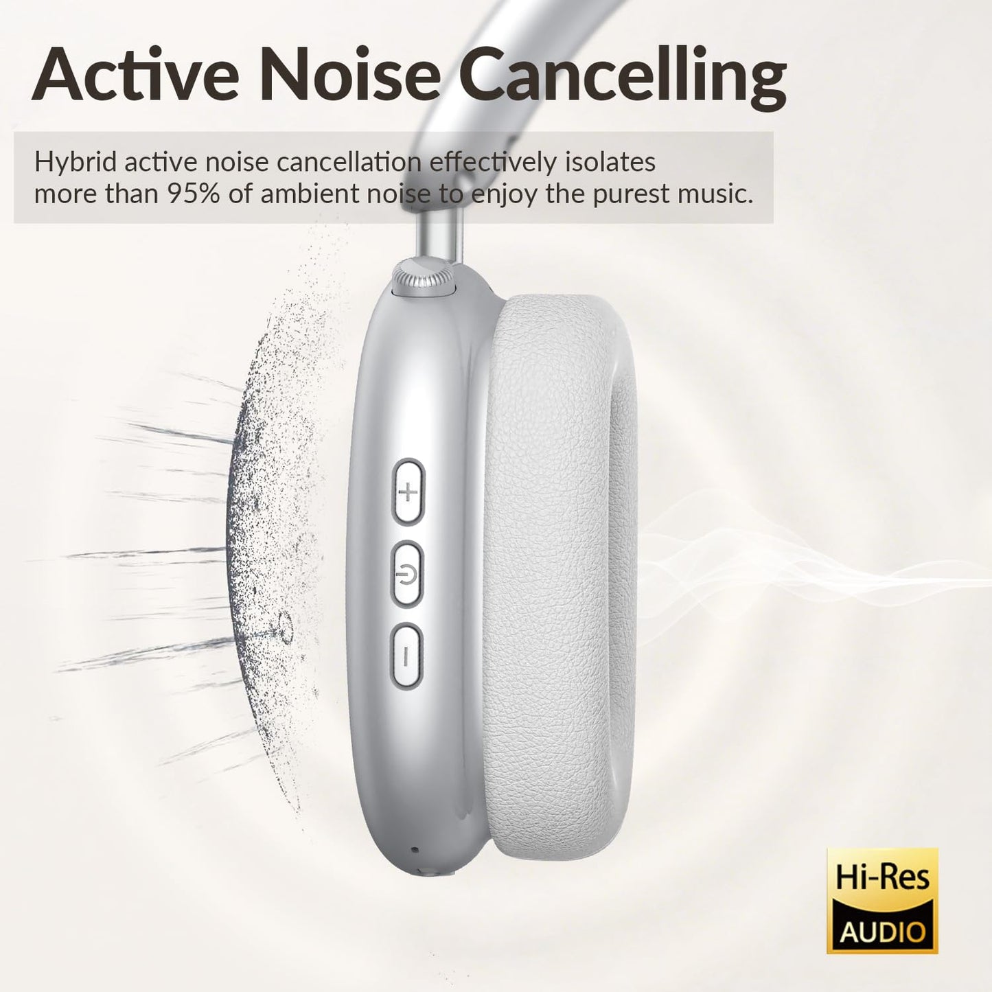 Wentronic Y02 Hybrid Active Noise Cancelling Headphones,60H Battery,5 EQ Music Modes,Hi-Res Audio,Deep Bass,Foldable Wireless Over Ear Bluetooth 5.4 Headset,Breathable Leather Earpads (Silver)