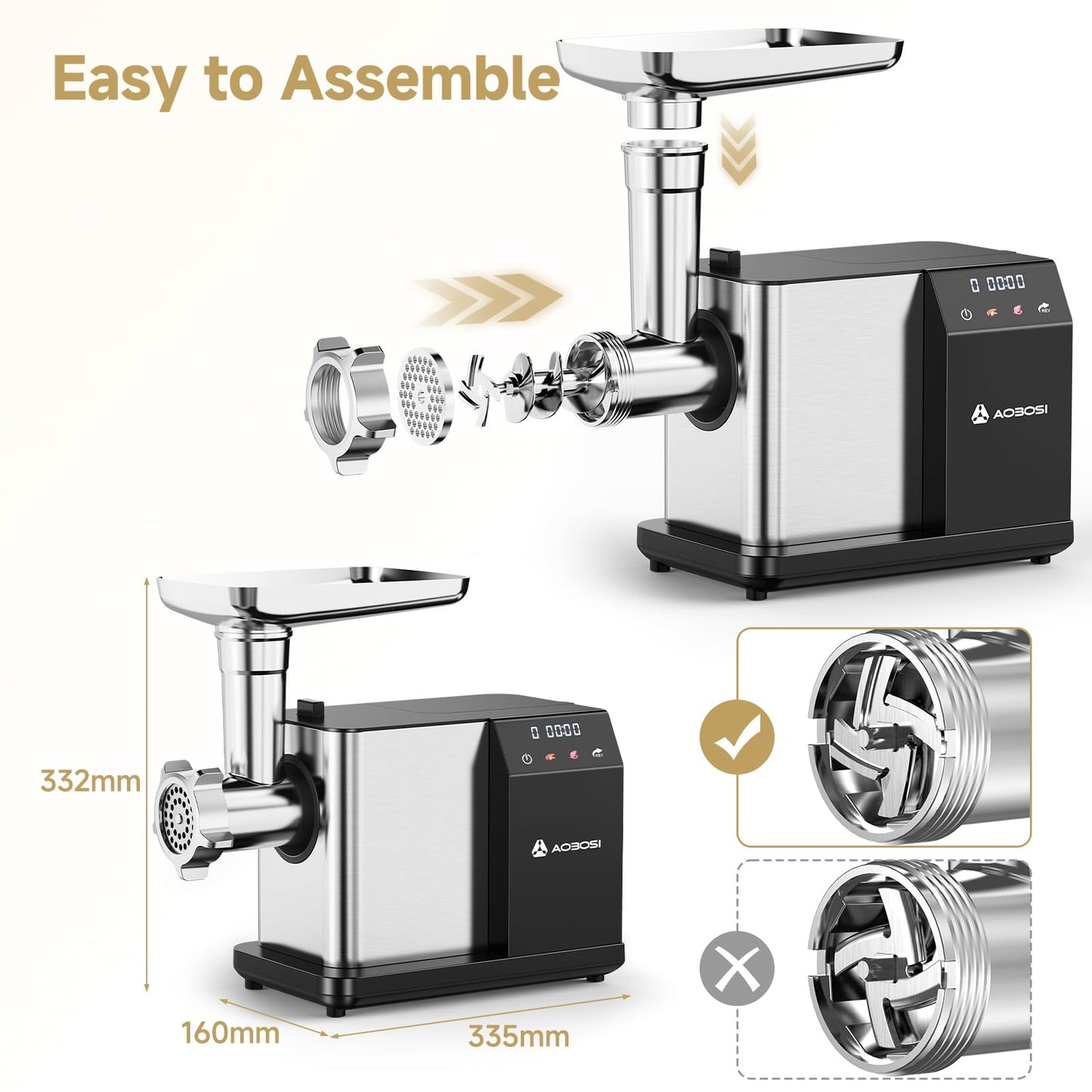 AAOBOSI Electric Meat Grinder [3000W MAX], Meat Mincer with LCD Display & Reverse Function, Sausage Maker with 3 Different Cutting Plates & Kibbe Attachment for Home Use