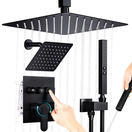 Shower Faucet Set Matte Black Shower System, Push Button Dual Shower System with 10 and 6 Inch Rain Shower Head for Couples, High Pressure 2 in 1 Handheld Spray,Simultaneous Use of All Functions