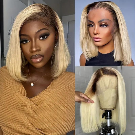 Upgrade-Ombre Blonde Bob Wig Human Hair 180% Density 13x6 Glueless Blonde Lace Front Wigs Human Hair Pre Plucked 1B613 Colored HD Lace Frontal Blunt Cut Bob Wigs for Black Women 10"