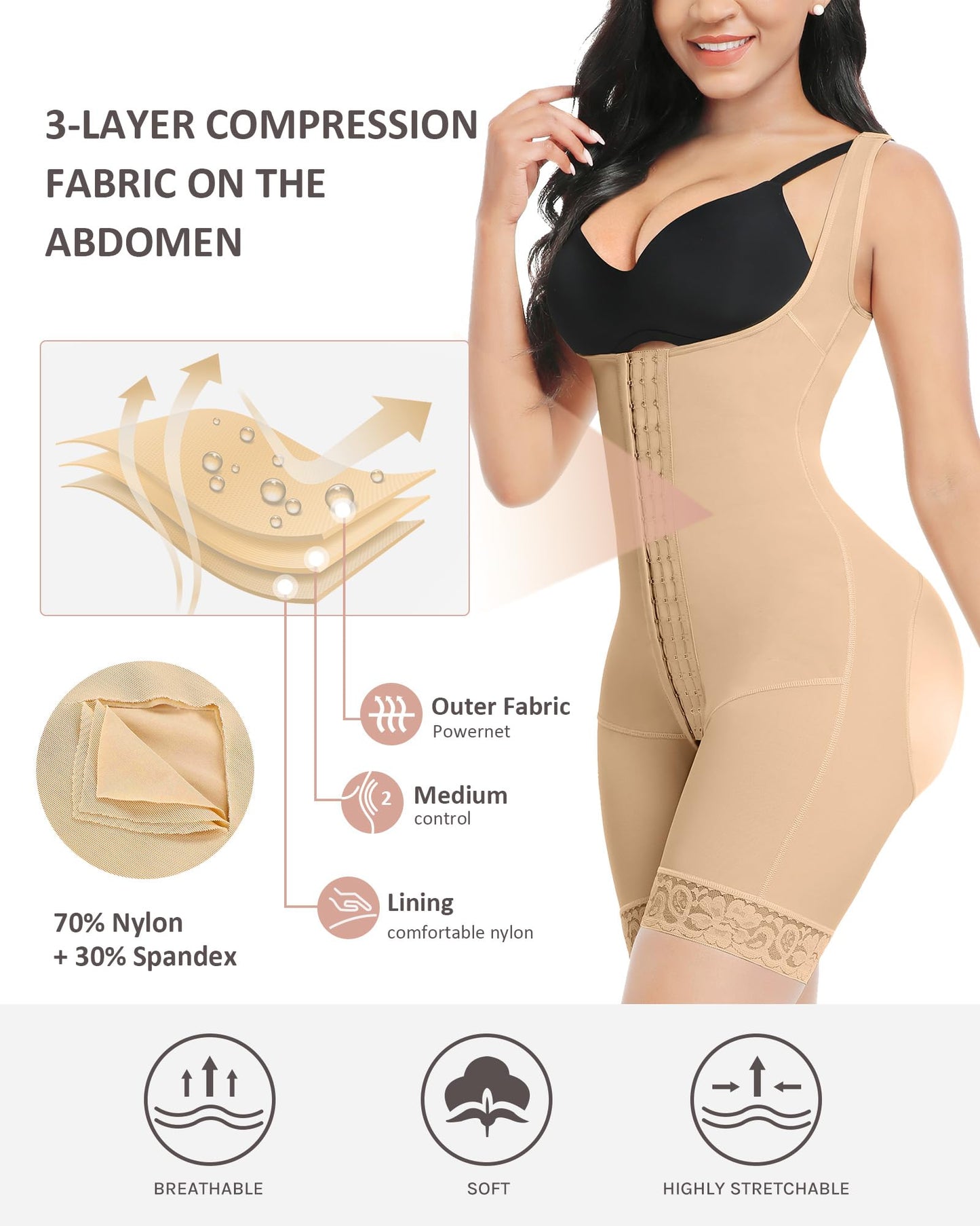 FeelinGirl Women's Body Shaper Full Body Shapewear Tummy Control Butt Lifter Bodysuit Beige L