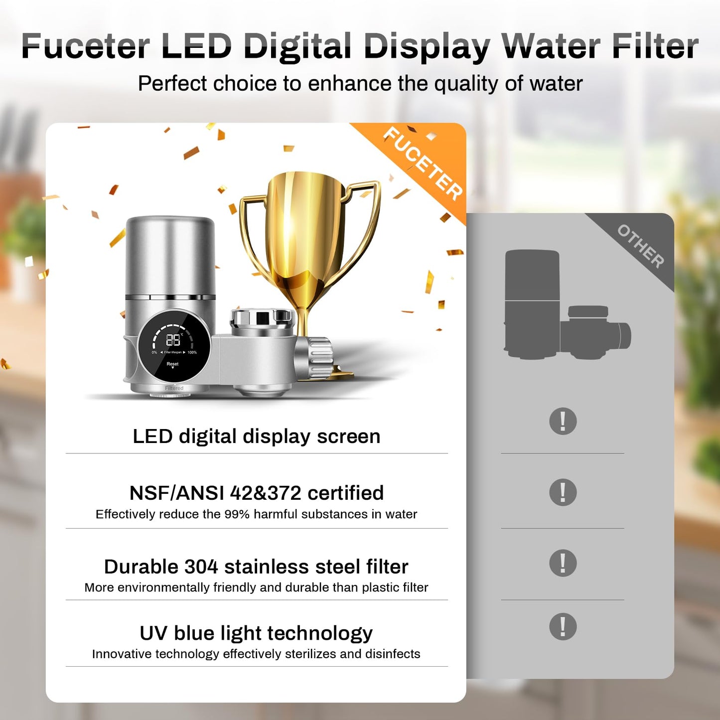 Faucet Mount Water Filtration System, LED Digital Display Faucet Tap Water Filter, NSF Certified to Reduce Chlorine Heavy Metals and Bad Taste w/13 Adapters