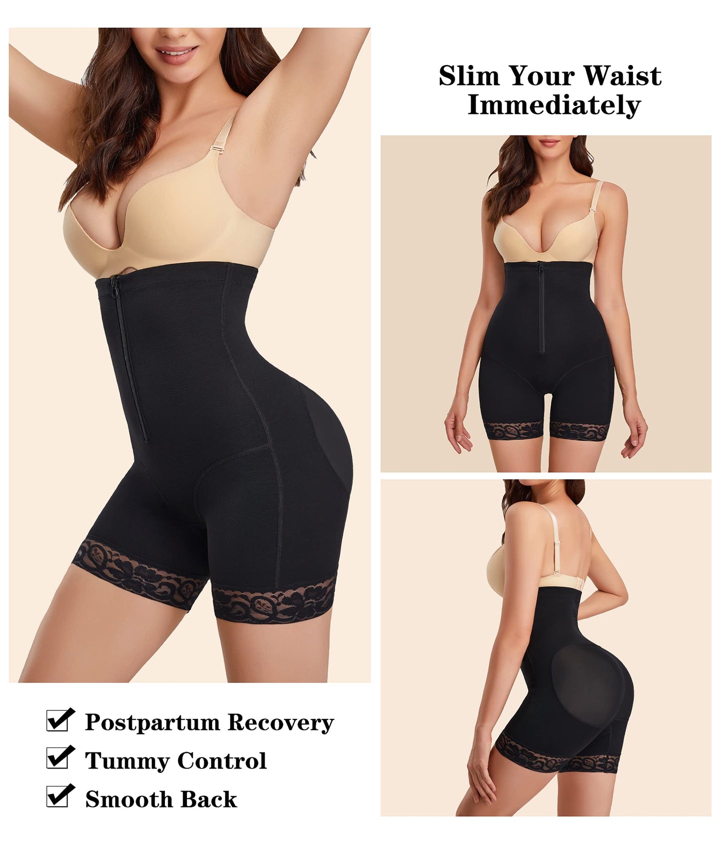 Gotoly Women Shapewear Butt Lifter Panties High-Waisted Double Tummy Control Knickers Waist Trainer Slimming Body Shaper Thigh Slimmer Shorts Black