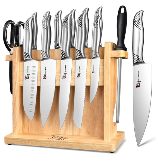 Kitchen Knife Set, Japanese Sharp Chef Knife Sets with Magnetic Holder, 14 Piece Professional High Carbon Stainless Steel Knives Block Sets with Sharpener, Ergonomic Handle, Shears, Black Dot