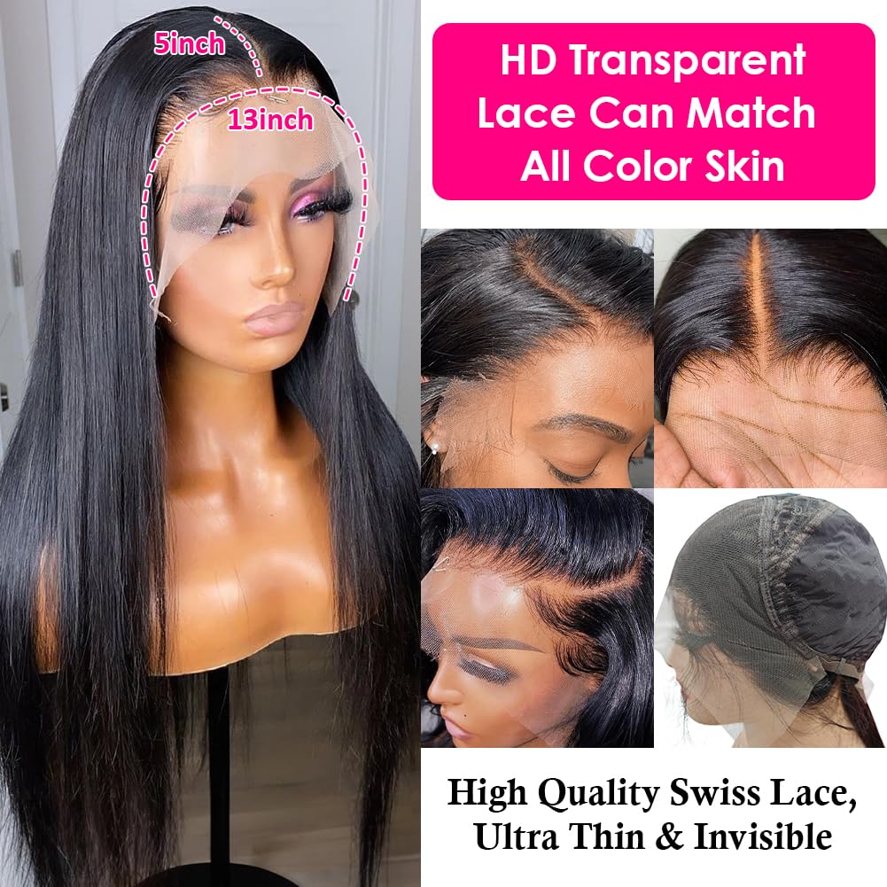 Subella HD Lace Front Wigs Human Hair Pre Plucked Straight 220% Density 13x5 HD Lace Frontal Wig With Baby Hair 12A Transparent Human Lace Wigs For Black Women (26inch)