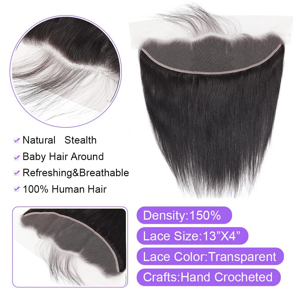 kinky Straight Frontal Closure 13x4 Ear To Ear HD Lace Frontal Closure 16 Inch 12A Brazilian kinky Straight Frontal Human Hair Transparent Frontal Closure 150% Density Natural Hairline Pre Plucked