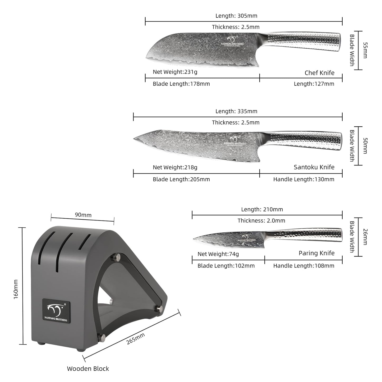 NANFANG BROTHERS Damascus Kitchen Knife Set (Grey-4Pcs)