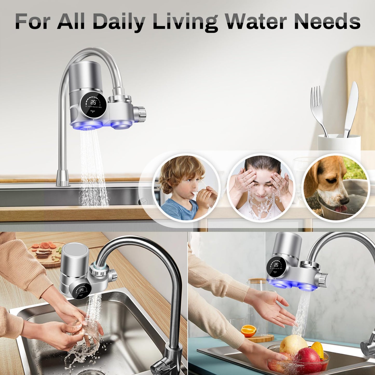 Faucet Mount Water Filtration System, LED Digital Display Faucet Tap Water Filter, NSF Certified to Reduce Chlorine Heavy Metals and Bad Taste w/13 Adapters