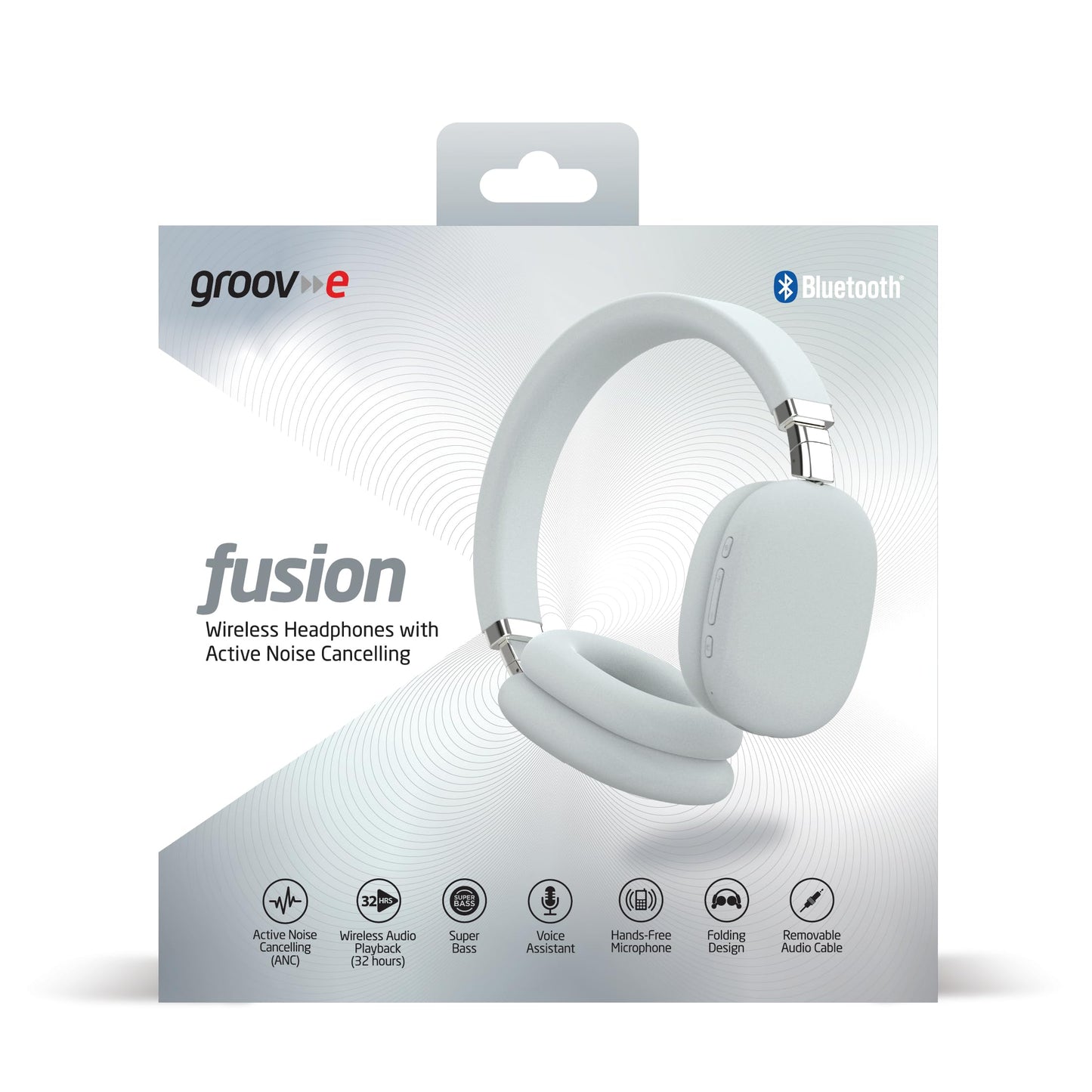 groov e Fusion Wireless Headphones - Active Noise Cancelling Headphones with 32Hrs of Audio Playback - Bluetooth & 3.5mm Audio Jack - White