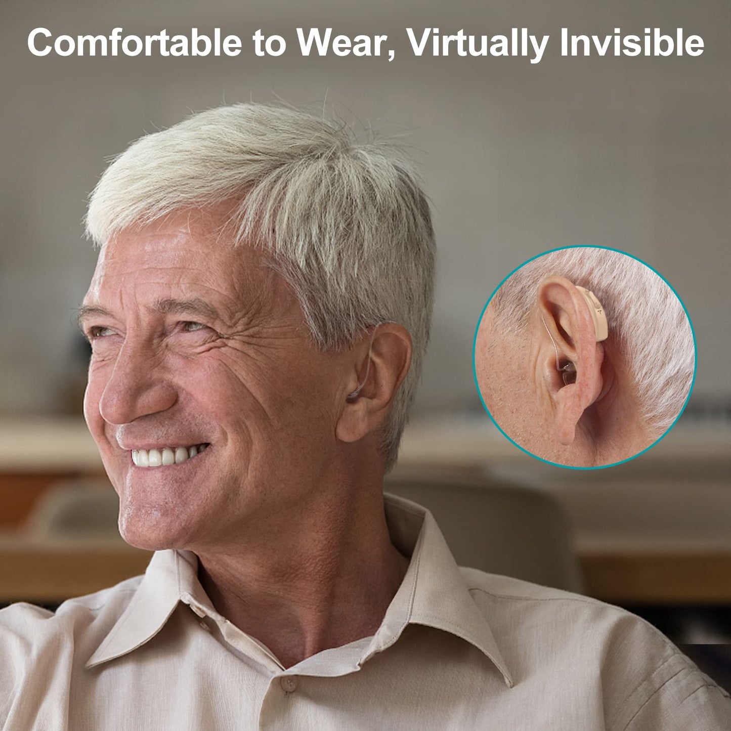 Lentorgi Rechargeable Hearing Aids for Seniors with Noise Cancelling, BTE Hearing Aids for People with Mild Moderate Severe Hearing Loss, Dual Microphones, Comfortable Fit - Beige