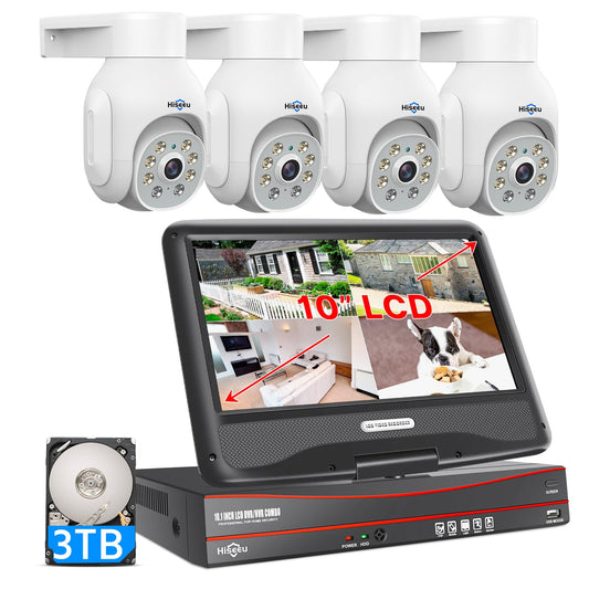 Hiseeu 【5MP+PTZ】 5MP PoE CCTV Security Camera System,10'' LCD Monitor with 8CH NVR,4X5MP PoE PTZ Camera with Color Night Vision IP66 Waterproof Remote Access Two-way Audio