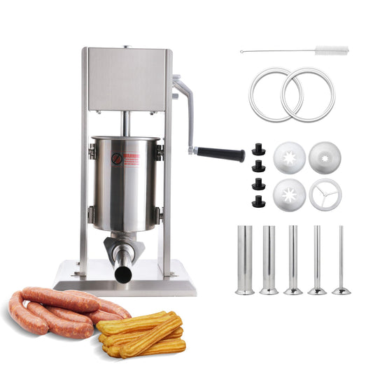 Hakka 3L/7Lb Sausage Stuffer Machine,2 Speed Stainless Steel Vertical Sausage Maker with 5 Tubes and 4 Churros,Meatball Maker for Home & Commercial Kitchens
