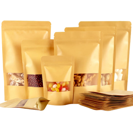 50Pcs Kraft Bags with Window,Resealable Brown Kraft Paper Bags,Durable Food Packaging Bag for Nuts, Sweets,Coffee Beans,Dried Fruit (Brown, 15x22cm - 50pcs)