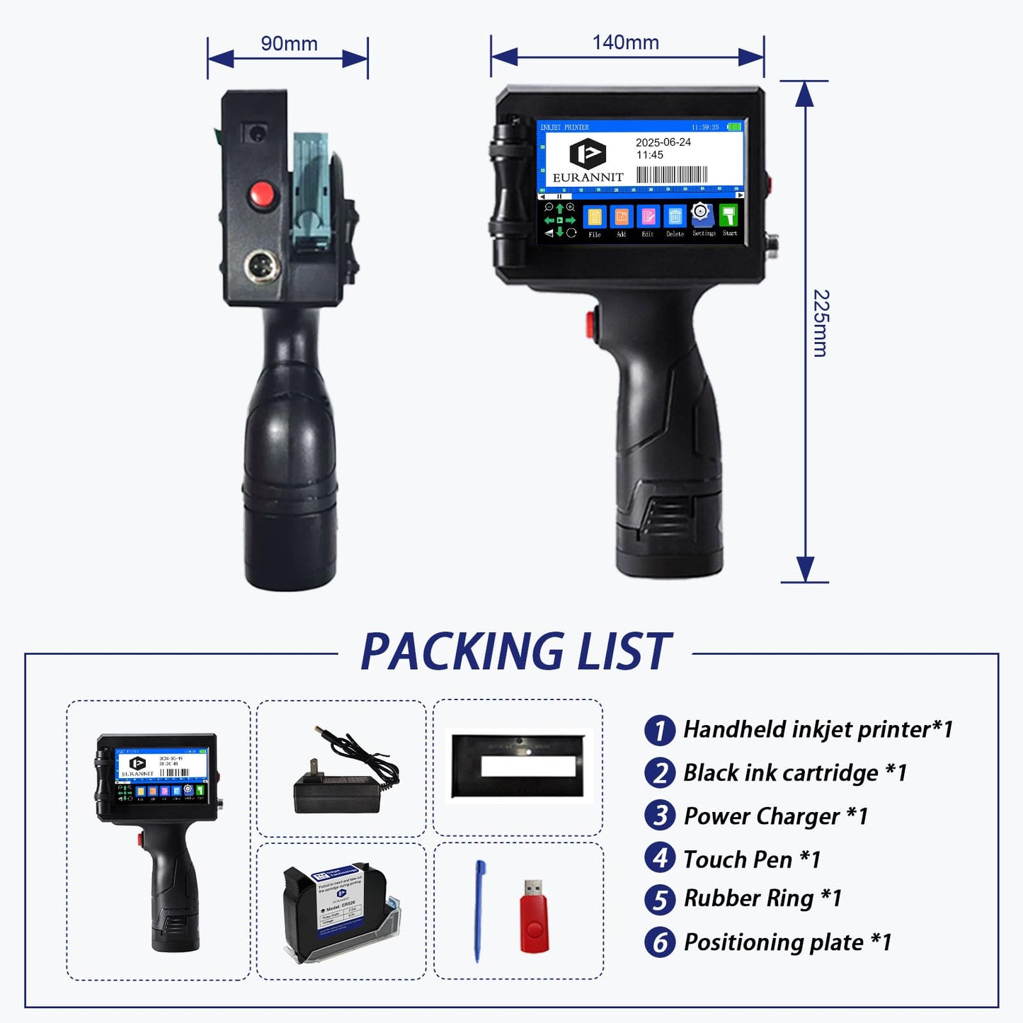 Eurannit Handheld Inkjet Printer 0.5 in, E15 Portable Coding Machine 4.3 Inch LED Touch Screen, Handheld Inkjet Printer Gun for Text Logo Date Batch Number QR Barcode Print on Any Surface