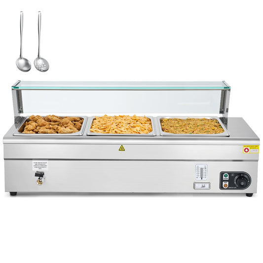 WILPREP Bain Marie Food Warmer, Commercial food warmer with Three 1/2 Pans and Sneeze Guards for Catering Restaurants Parties, Rectangular Stainless buffet server with Adjustable Temp. & Auto Shutoff