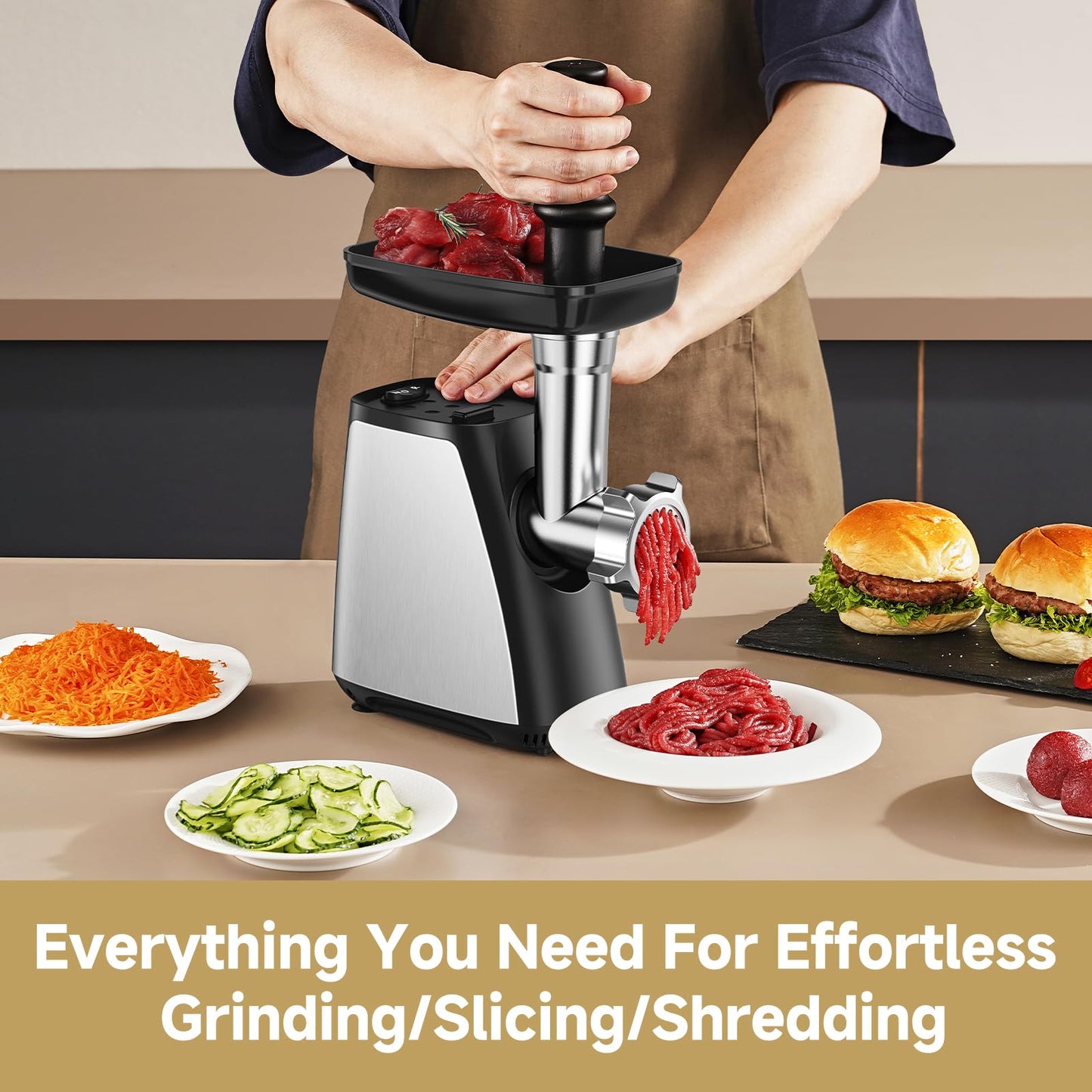 AAOBOSI Electric Meat Grinder, 4-in-1 Meat Mincer Machine [2800W Max] with 3 Slice, Shred Blades, 2 Blades, 3 Plates, Sausage Stuffer, Kubbe Kit, for Home Kitchen Use, Sliver