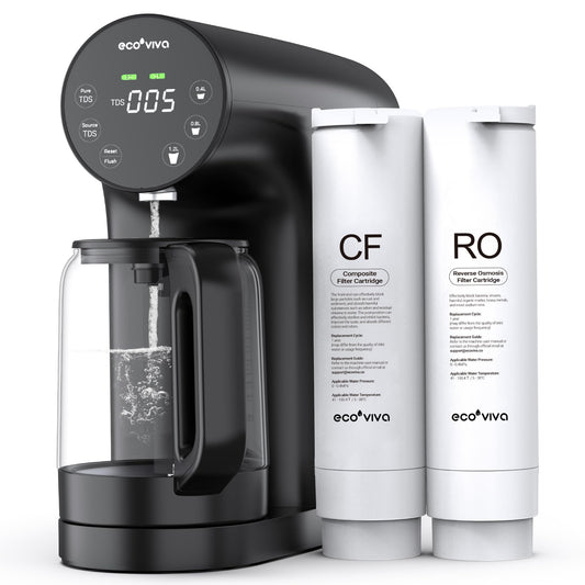 Ecoviva Countertop Reverse Osmosis System RO Water Filter, 5-Stage Filtration, Real-time TDS Monitor, 3:1 Pure to Drain, Zero-Installation Portable Water Purifier-Black