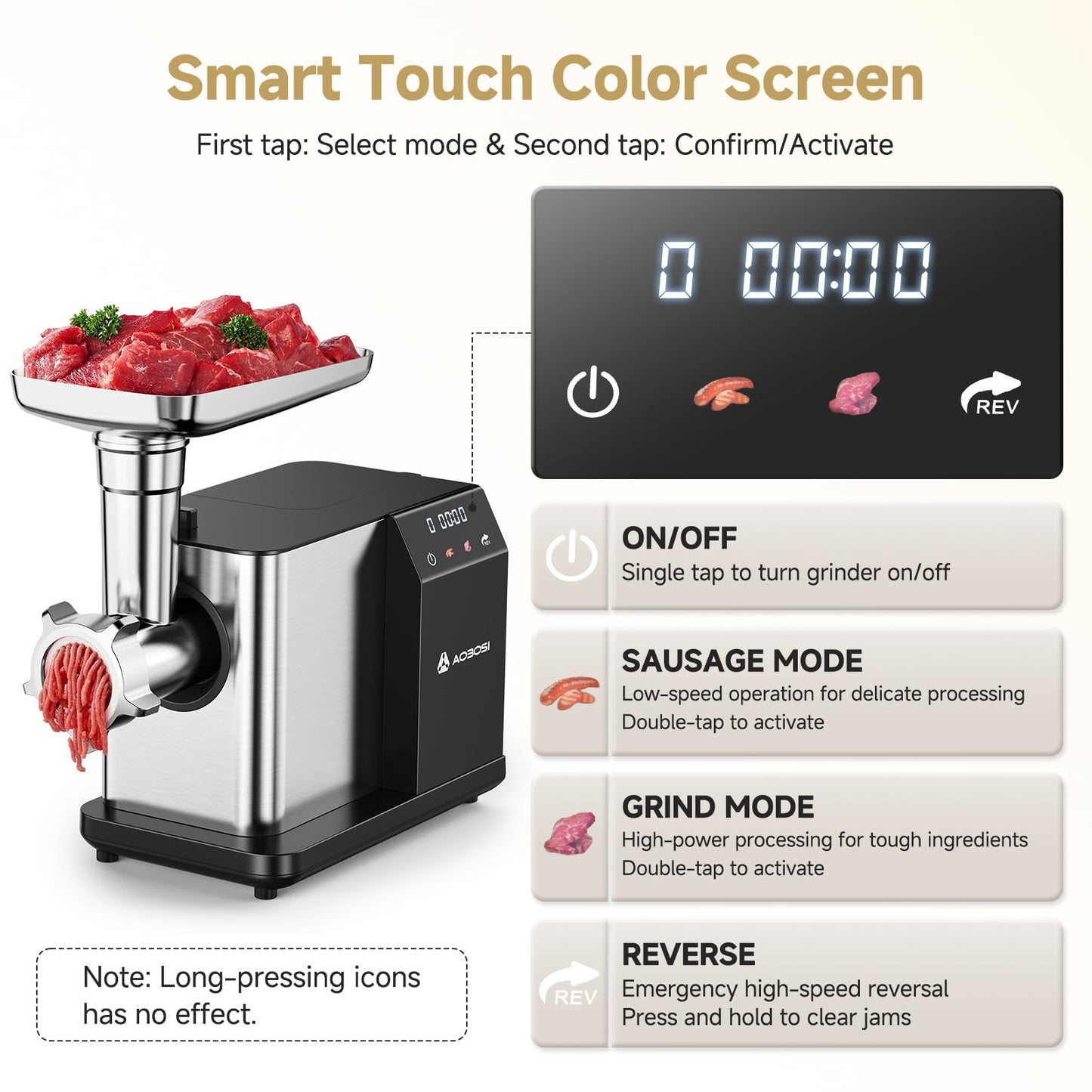 AAOBOSI Electric Meat Grinder [3000W MAX], Meat Mincer with LCD Display & Reverse Function, Sausage Maker with 3 Different Cutting Plates & Kibbe Attachment for Home Use