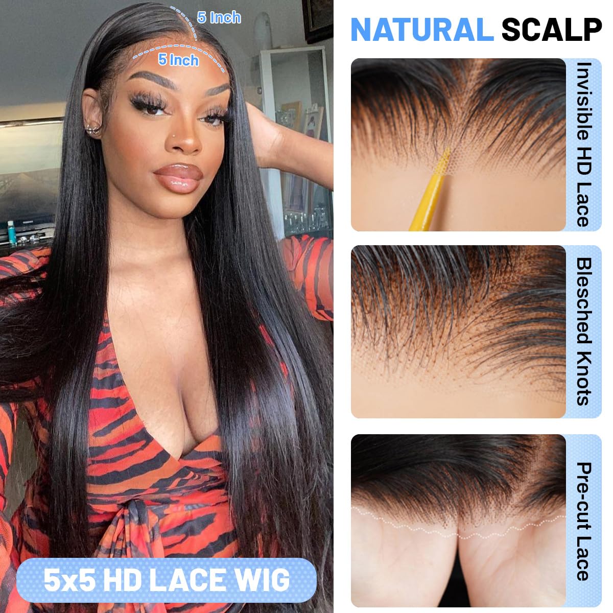 Wear and Go Glueless Wigs Human Hair Pre Plucked Pre Cut 5x5 HD Lace Closure Wigs Human Hair Straight with Baby Hair Straight Human Hair Wig for Beginners Natural Black 200% Density 30 Inch