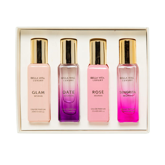 BellaVita Luxury Perfume Gift Set for Women (4x20ml) | DATE, SENORITA, GLAM, ROSE | Sweet Floral, Musk & Vanilla Perfumes | Sweet Cologne Perfume for Women | Women's Cologne & Perfume Gift Sets