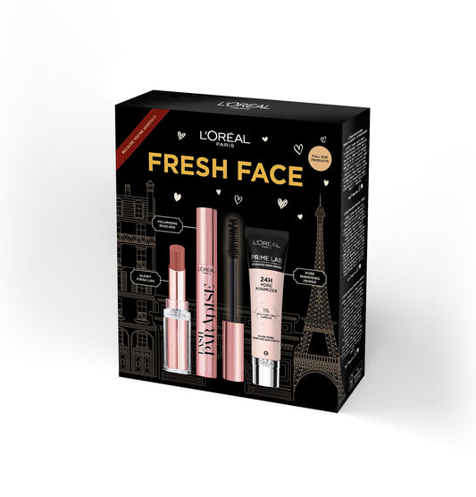 L'Oréal Paris Fresh Face Trio Gift Set â€“ Prime Lab 24H Pore Minimiser Primer, Hydrating Balm-In-Lipstick In 191 Nude Heaven & Lash Paradise Mascara Enriched With Lash-Loving Castor Oil