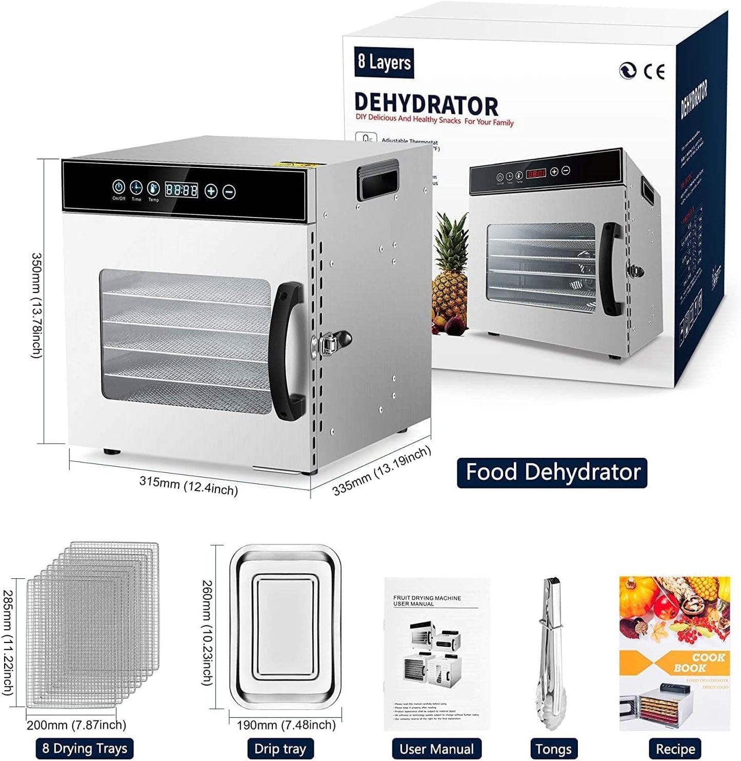 Kwasyo 8 Tray Stainless Steel Food Dehydrator, Dryer uk with 30-90°C Adjustable Thermostat & 24hr Digital Timer, Commercial Drying Fruits Machine for Fish Vegetables Meat Jerky Herb