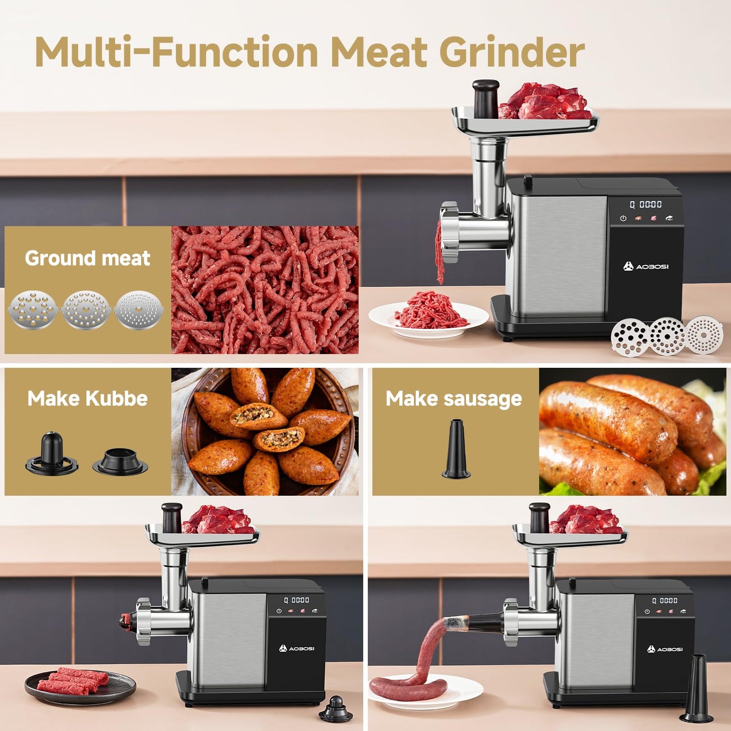 AAOBOSI Electric Meat Grinder [3000W MAX], Meat Mincer with LCD Display & Reverse Function, Sausage Maker with 3 Different Cutting Plates & Kibbe Attachment for Home Use